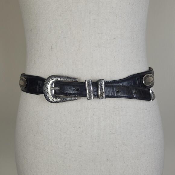 Black Leather Belt Medium Western Silver Concho Cowgirl Rodeo Boho Etched Patina - Picture 1 of 6